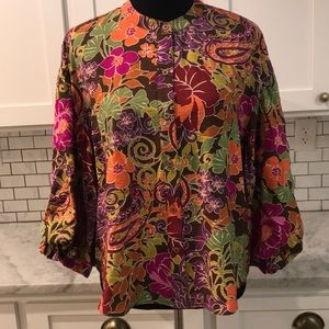 New Fate Floral Blouse Button Front Womens Size Small Bishop Sleeves Green Pink